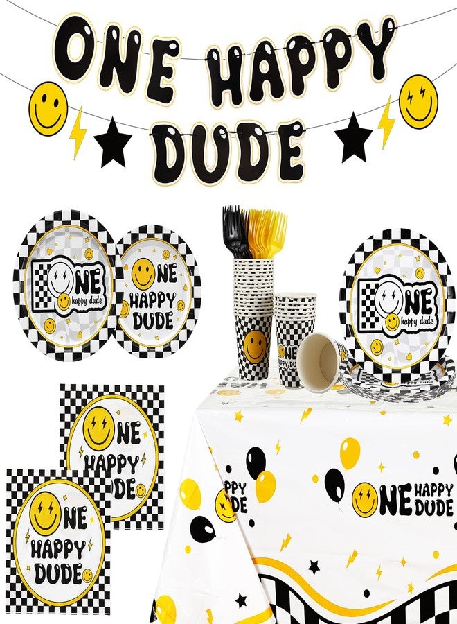 Suttmin 122 Pcs One Happy Dude Birthday Decorations 1st Birthday Party Tableware Set for 24 Guests Include One Happy Dude Plates Cups Napkins Fork Smile Face Tablecloth Banner for Party Decor - Image 1